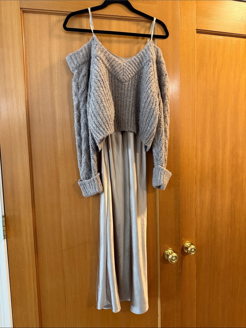 Design History Gray Knit Cold-Shoulder Sweater Over Silver Satin Slip Dress